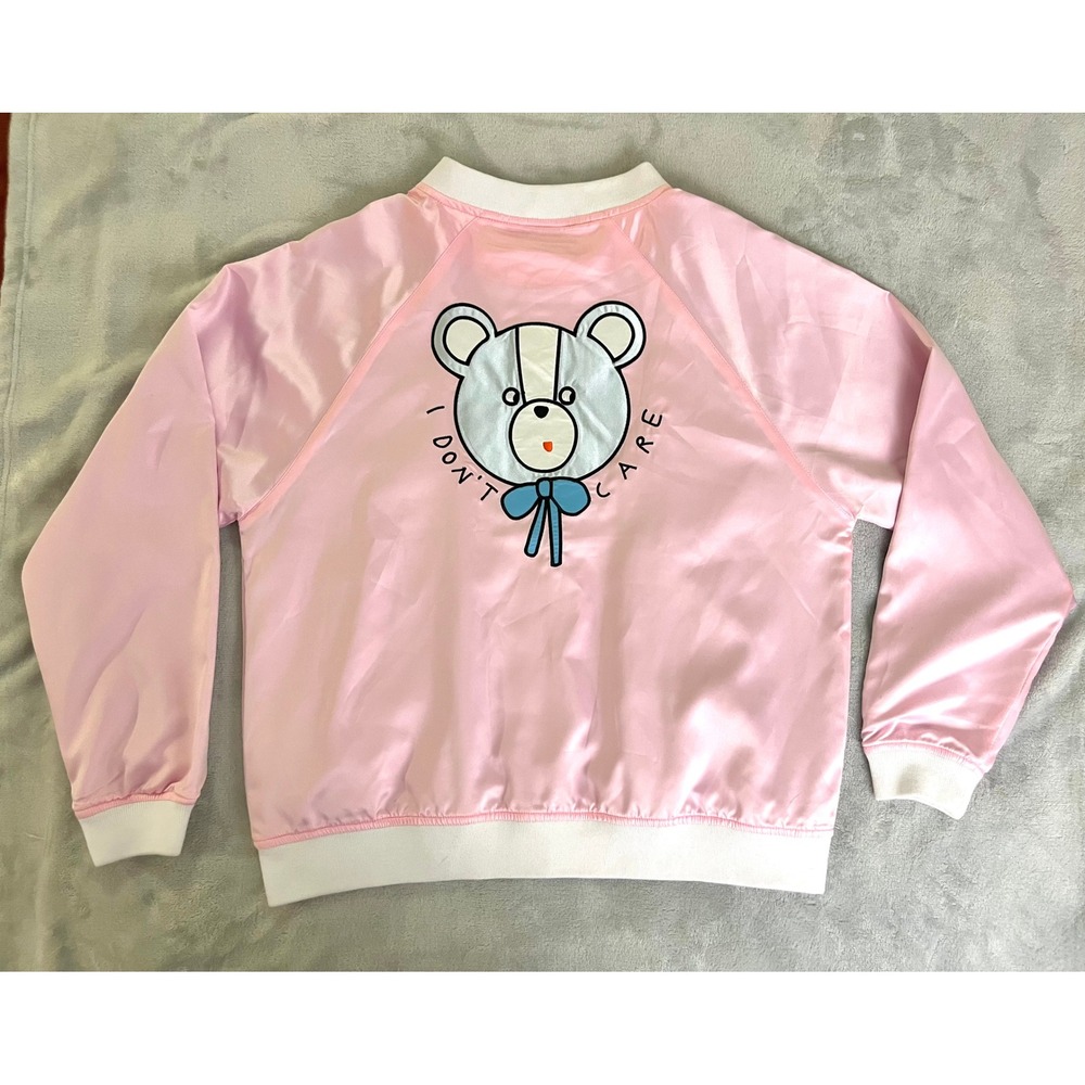 Lazy Oaf Sz Small Pink Satin Bomber Jacket I Don't Care Bear Kawaii Cute Quirky